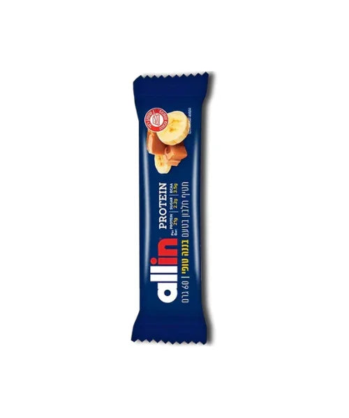 חטיף חלבון Allin Extra Cream בטעם בננה טופי. כל חטיף מכיל 15 גרם חלבון, 2.5 גרם סוכר ו־2.6 גרם BCAA. משקל חטיף בודד – 55 גרם.