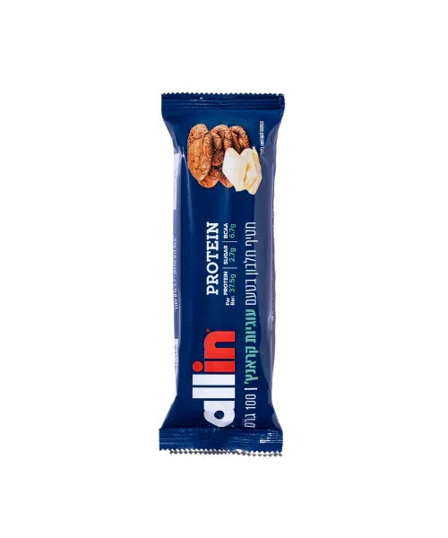 חטיפי חלבון Allin 100 גרם בטעם עוגיות קראנץ'. כל חטיף מכיל 38 גרם חלבון, 2.2 גרם סוכר ו־6.7 גרם BCAA. משקל חטיף בודד – 100 גרם.