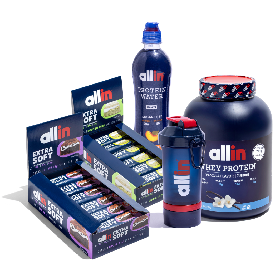 מוצרים מבית allin – אבקת חלבון בטעם וניל, שייקר, מים בטעם עם חלבון איזולייט, וחטיפי חלבון Extra Soft בטעמים שונים – פתרון חלבון מלא לאורח חיים פעיל.