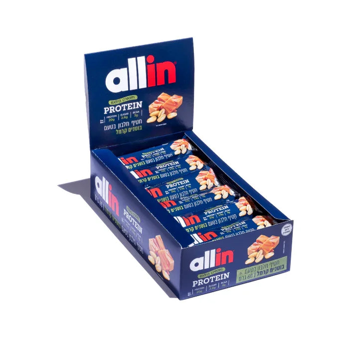 קופסת חטיפי חלבון allin בטעם בוטנים קרמל – חטיף עשיר בחלבון, מרקם קרמי, ללא תוספת סוכר, מתאים לאנשים פעילים שמחפשים נשנוש מתוק ובריא עם ערכים תזונתיים גבוהים.